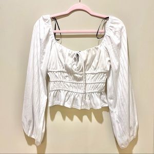 Forever 21 White Off Shoulder Ruched waist Bishop Long Sleeve Crop Top Small
